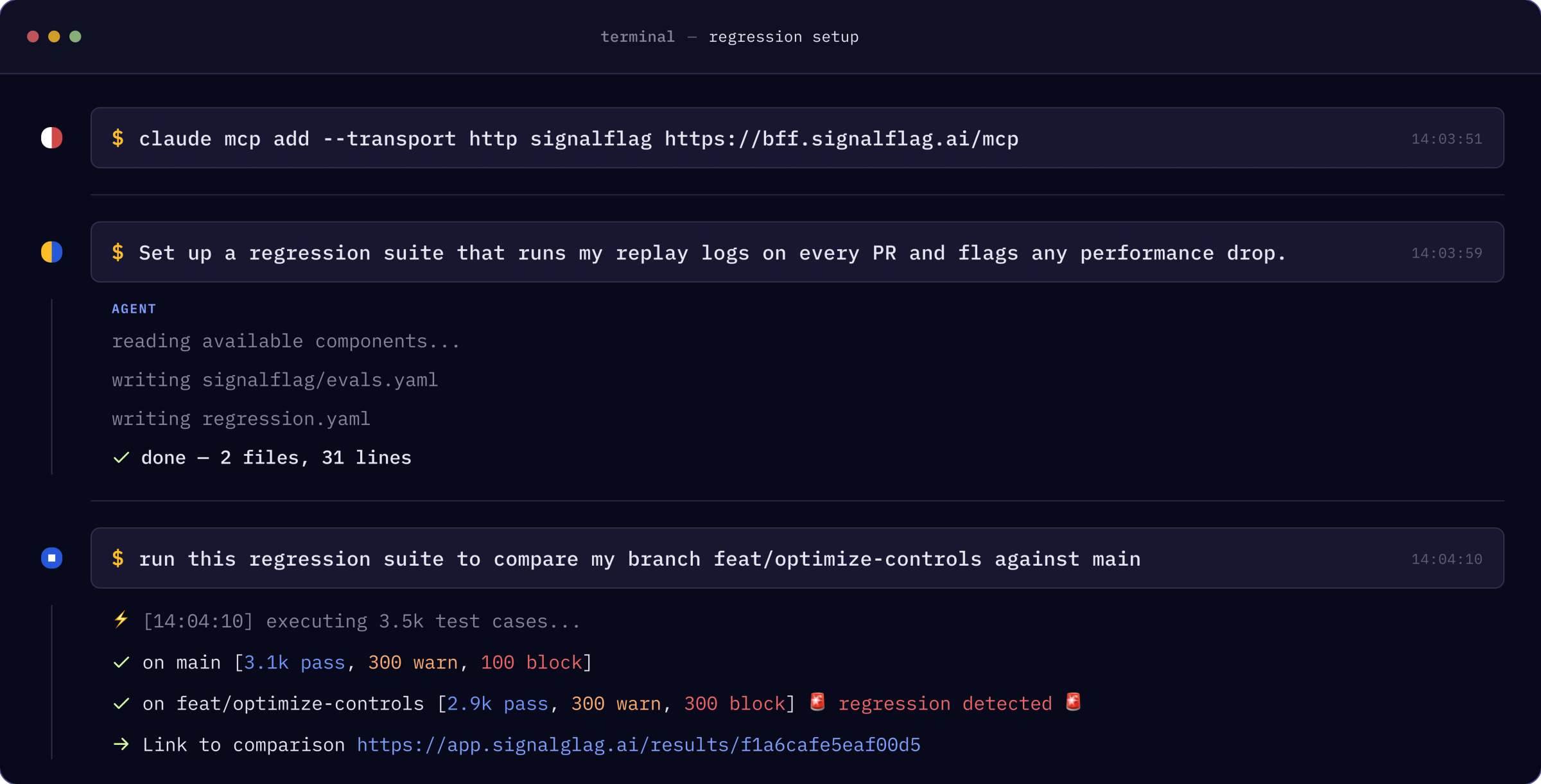 A terminal session: adding the SignalFlag MCP to Claude Code, asking the agent to set up a regression suite that runs replay logs on every PR, and running it to compare a feature branch against main, which flags a regression.