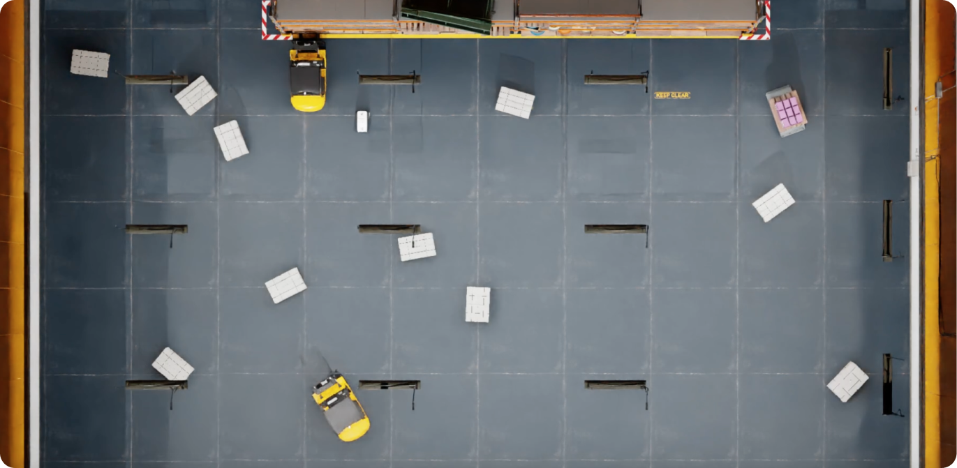 An overhead image of a warehouse simulation.
